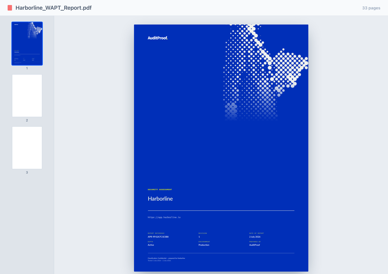 Sample AuditProof Web Application Penetration Test Report (WAPT) PDF open on a laptop, showing the executive summary and findings counts